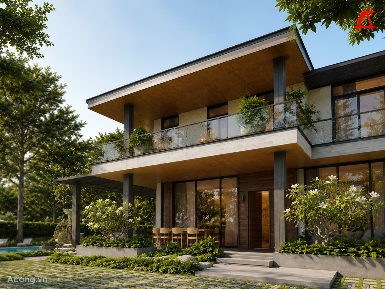 Biệt thự nghỉ dưỡng kiểu homestay với khoảng hi&ecirc;n rộng ph&iacute;a trước tầng 1